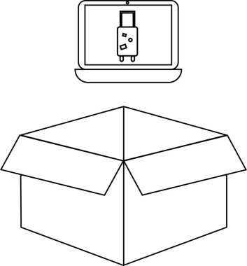 Bir dizüstü bilgisayarın, açık bir karton kutunun üzerinde bavulu gösteren basit bir resmi. Seyahat planı ya da teslimat önerisi..