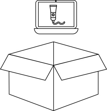 Açık bir karton kutunun üzerinde çeşitli yaratıcı projeler için uygun güneş kremini gösteren bir dizüstü bilgisayarın çizgi çizimi.