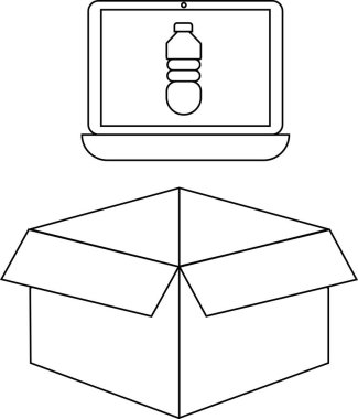 Bir dizüstü bilgisayarın basit bir çizimi açık bir karton kutunun üzerinde su şişesini gösteriyor, geri dönüşüm ya da çevresel temalar için uygun.