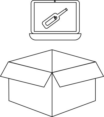 Açık bir karton kutunun üstündeki termometreyi gösteren bir dizüstü bilgisayar çizimi, sağlık bilgilerini ya da tıbbi malzeme teslimatını simgeliyor..