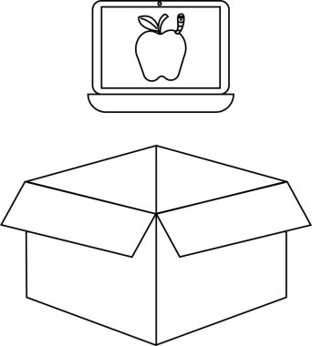 Elmayı gösteren bir dizüstü bilgisayar açık bir karton kutunun üzerinde duruyor, basit, eğitici ve teknolojik bir illüstrasyon yaratıyor..