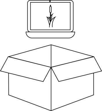 Açık bir karton kutunun üzerinde, çeşitli yaratıcı projeler için uygun bir kedi kuyruğu resmi gösteren bir dizüstü bilgisayarın basit siyah beyaz çizimi.