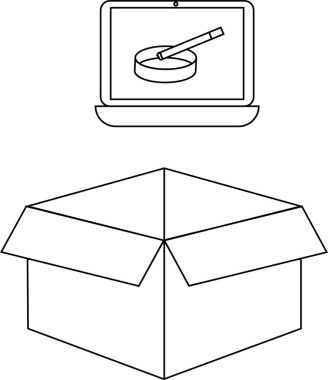 Kül tablasında sigara gösteren bir dizüstü bilgisayar, siyah beyaz çizgili bir resimde açık bir karton kutunun üzerinde asılı duruyor..