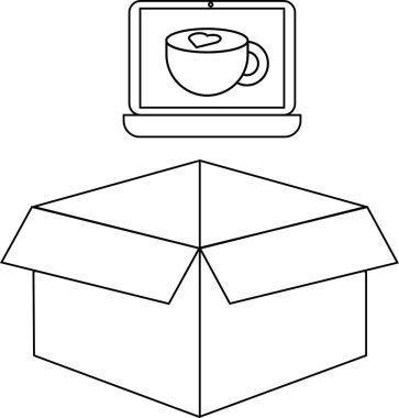 Açık bir karton kutunun üzerine yerleştirilmiş, kalp tasarımı yapılmış bir kahve fincanını gösteren basit bir siyah-beyaz çizim..