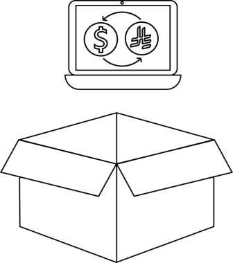 Döviz simgelerini gösteren bir dizüstü bilgisayar açık bir karton kutunun üzerinde duruyor, bu da çevrimiçi işlemleri veya finansal hizmetlerin dağıtımını öneriyor..