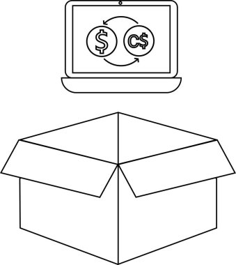 Döviz simgelerini gösteren bir dizüstü bilgisayar açık bir karton kutunun üzerinde duruyor, bu da çevrimiçi işlemleri veya küresel ticareti öneriyor.