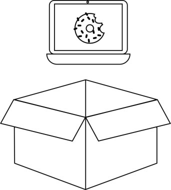 Açık bir karton kutunun üzerinde donut resmi gösteren bir dizüstü bilgisayar basit, grafik bir illüstrasyon oluşturur.