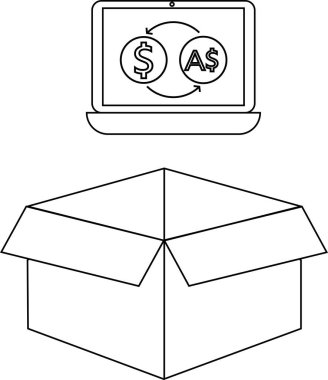 Açık bir karton kutunun üzerinde döviz döviz sembolü gösteren bir dizüstü bilgisayar çizimi, online alışveriş veya uluslararası ticaret.