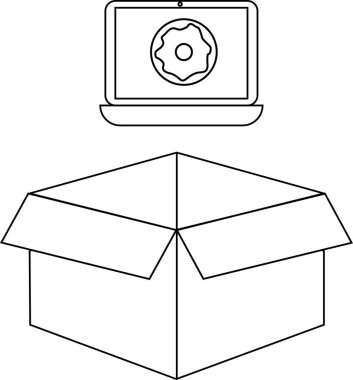 Bir dizüstü bilgisayar ekranında, açık bir karton kutunun üzerine yerleştirilmiş bir donut gösterir, basit, grafik bir illüstrasyon oluşturur.