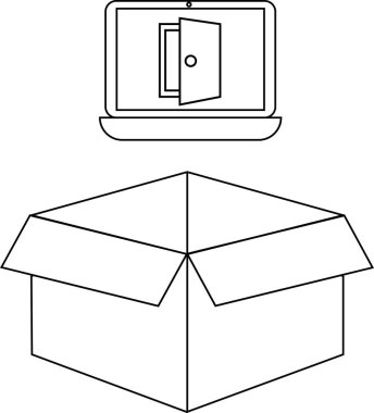 Kapı simgesini gösteren bir dizüstü bilgisayar, basit bir çizim çiziminde açık bir karton kutunun üzerine yerleştirilir.