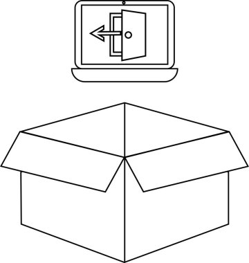 Çıkış simgesini gösteren bir dizüstü bilgisayar, açık bir karton kutunun üzerinde, basit bir siyah-beyaz illüstrasyonda yer alır..