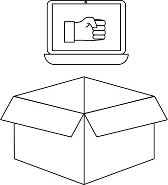 Açık bir karton kutunun üzerine yerleştirilmiş bir yumruk simgesini gösteren bir dizüstü bilgisayarın siyah beyaz çizimi.