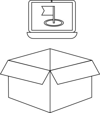 Golf sahasını gösteren bir dizüstü bilgisayar açık bir kutunun üzerinde oturur ve kavramsal bir görüntü oluşturur..