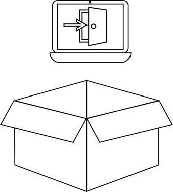 Açık bir karton kutunun üzerinde gezinen giriş simgesini gösteren bir dizüstü bilgisayar, basit siyah ve beyaz çizgi çizimi.