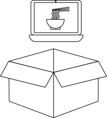 Açık bir karton kutunun üzerinde bir kase erişteyi gösteren bir dizüstü bilgisayarın basit bir siyah beyaz çizimi..