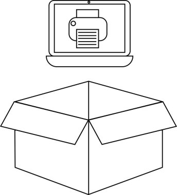 Bir dizüstü bilgisayarın açık bir karton kutunun üzerinde bir yazıcı simgesini gösteren basit bir siyah beyaz çizimi, yazdırma veya paketleme önerisi.
