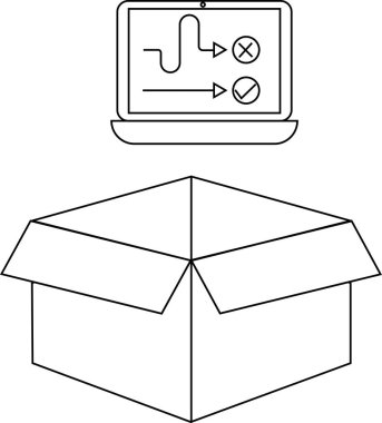 Strateji diyagramını gösteren bir dizüstü bilgisayar, açık bir karton kutunun üzerinde, planlama ve lojistik.
