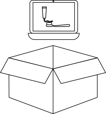 Diş fırçasında diş macununu gösteren bir dizüstü bilgisayar, açık bir kutunun üzerine yerleştirilir ve benzersiz bir görsel birleşme oluşturur..