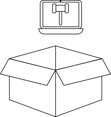 Açık bir karton kutunun üzerinde dizüstü bilgisayarı gösteren bir açık artırmayı tasvir eden kavramsal bir illüstrasyon, açık artırma sürecini sembolize ediyor ve çevrimiçi ürünleri kazanıyor..