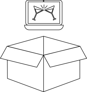 Uzak partileri ve çevrimiçi olayları temsil eden, sanal bir kutlama gösteren, dizüstü bilgisayarlı açık bir kutu tasviri.