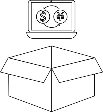 Üzerinde bir dizüstü bilgisayar bulunan açık bir kutunun çizgi çizimi döviz döviz sembolü gösteriyor, online işlemleri veya küresel ticareti öneriyor.