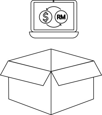 Döviz kurunu ve teslimat kutusunu gösteren bir dizüstü bilgisayarın siyah-beyaz çizimi, çevrimiçi işlemleri ve nakliyeyi simgeliyor..
