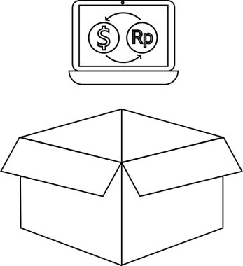 Açık bir kutunun üzerinde para değişimi gösteren bir dizüstü bilgisayarın tasviri, çevrimiçi işlemleri ve dağıtım hizmetlerini simgeliyor.