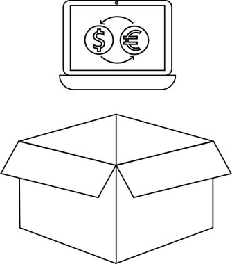 Açık bir karton kutunun üzerinde asılı duran döviz simgelerini gösteren bir dizüstü bilgisayar, çevrimiçi işlemler veya finans hizmetleri.