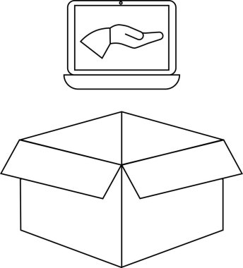Açık bir karton kutunun üzerinde yardım eli uzatan bir dizüstü bilgisayarın tasviri, çevrimiçi bağışları ve desteği sembolize ediyor.