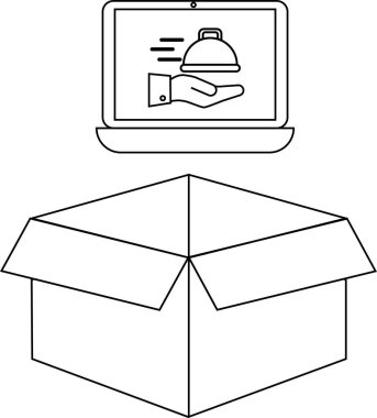 Çevrimiçi yemek servisi tasviri bir dizüstü bilgisayarla açık bir kutunun üzerinde yemek tabağını tutan bir el görülüyor..