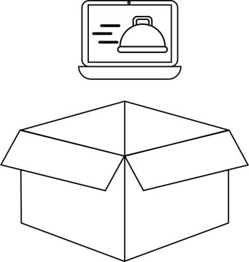 Açık bir teslimat kutusunun üzerinde yemek siparişini gösteren bir dizüstü bilgisayar tasviri, çevrimiçi yemek siparişi ve teslimat servislerini temsil ediyor..