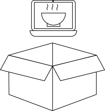 Üzerinde bir dizüstü bilgisayar olan açık bir kutunun tasviri bir kase yiyecek gösteriyor, çevrimiçi yemek siparişi ve teslimat hizmetlerini temsil ediyor..