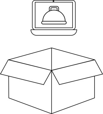 Üzerinde laptop olan açık bir kutunun tasviri, çevrimiçi yemek siparişi ve teslimat hizmetlerini sembolize ediyor..