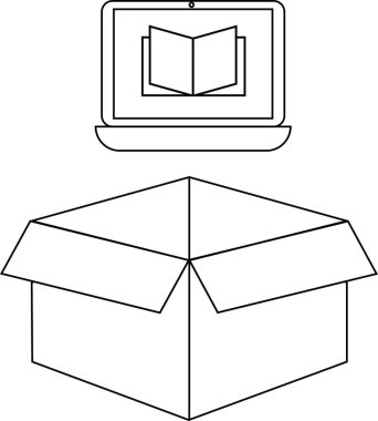 Açık bir kutunun üzerinde açık bir kitabı gösteren bir dizüstü bilgisayarla çevrimiçi öğrenmeyi tasvir eden basit bir siyah beyaz illüstrasyon.
