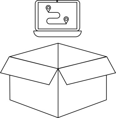 Üzerinde dizüstü bilgisayar olan açık bir karton kutu teslimat güzergahı simgesini gösteriyor, nakliye ve lojistiği temsil ediyor..