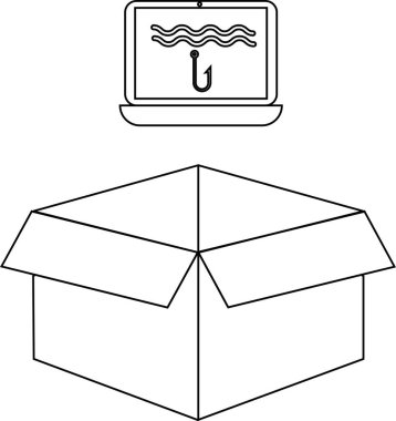 Açık bir kutunun üzerinde sahte kancası olan bir dizüstü bilgisayar, siber güvenlik tehditleri ve online dolandırıcılık kavramını gösteriyor..