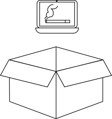 Açık bir kutunun üzerine yerleştirilmiş sigara içilen bir dizüstü bilgisayarın basit ama sembolik bir resim çizimi.