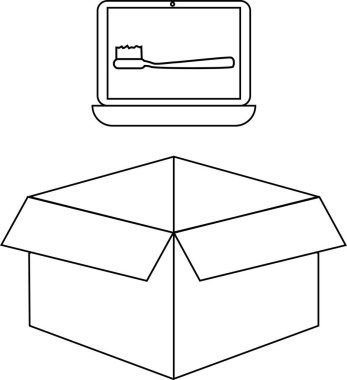 Açık bir karton kutunun üstündeki dizüstü bilgisayarda gösterilen basit bir diş fırçası resmi.