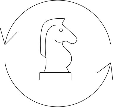 Oklarla çevrelenmiş bir satranç şövalyesinin yer aldığı minimalist bir çizgi çizimi, iş ve kişisel gelişim sürecindeki stratejik düşünce ve döngüsel süreçleri sembolize ediyor..