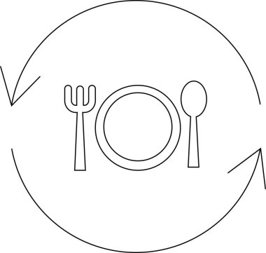 Oklarla çevrili bir tabak, çatal ve kaşığı besin döngüsünü veya geri dönüşümü sembolize eden basit bir siyah ve beyaz simge..