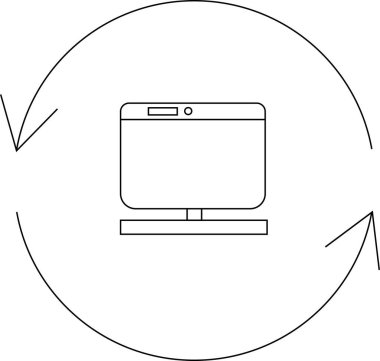 Oklarla çevrili bir bilgisayar monitörünün yer aldığı minimalist bir simge, sistemin yenilenmesini, güncellenmesini veya modern bir dizayn ile veri senkronizasyonunu sembolize eder.