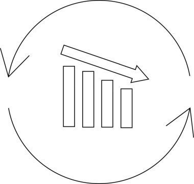 Azalan bir çubuk grafiğinin, sürekli azalma veya azalma döngüsünü sembolize eden, dairesel bir okun içindeki basit bir siyah beyaz çizimi.