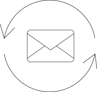 Oklarla çevrili, senkronizasyonu, veri alışverişini ve dijital ortamlarda kusursuz iletişimi simgeleyen bir e-posta zarfının minimalist çizgisi çizimi.