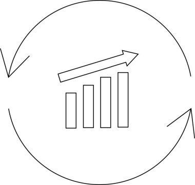 Yukari bakan bir oka sahip bir çubuk grafigi, dairesel bir hareketle çevrili, sürekli büyümeyi ve gelisimi sembolize ediyor..