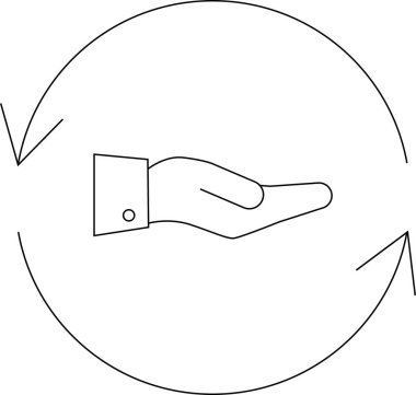 Oklarla çevrili bir el, vermek ve almak, takas veya dairesel bir süreci sembolize eder..