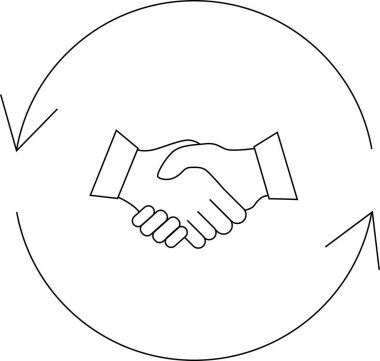 Bir çemberin içinde oklarla el sıkışmak, anlaşmayı, işbirliğini ve ortaklık ve iş anlaşmalarının döngüsel doğasını sembolize eder..