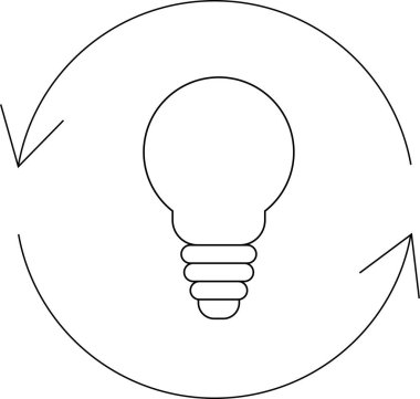 Dairesel oklarla çevrili, enerji verimliliğini ve yenilenme ve sürdürülebilirlik kavramını sembolize eden bir ampul..