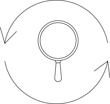 Oklarla çevrelenmiş bir büyüteç keşif, analiz ve sürekli gelişmeyi simgeler, araştırma, araştırma ve yineleme süreçlerini göstermek için idealdir..