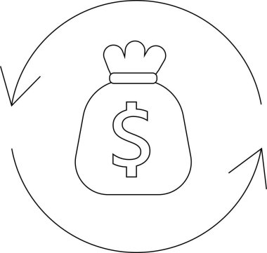 Bir dolar işaretli para çantası dairesel oklarla çevrili, finansal döngü kavramını temsil ediyor ya da yatırım dönüşünü temsil ediyor..
