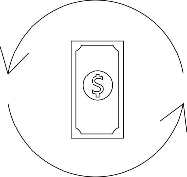 Bir dolarlık banknot ve dairesel oklarla para dolaşımını tasvir eden, finansal akışı ve ekonomik döngüyü temsil eden basit bir çizgi sanat ikonu.